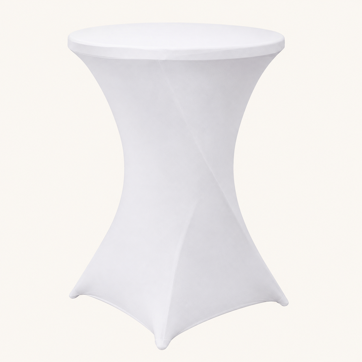 A white stretch table cover fitted over a round bar table, shown against a plain off-white background.